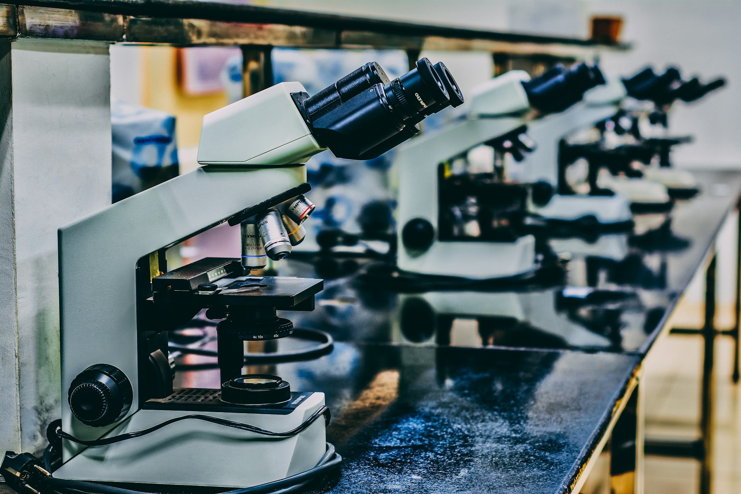 Microscopes lined up on a laboratory workbench.